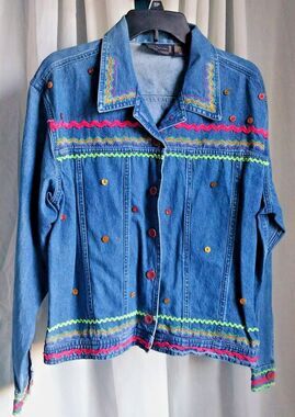 Vintage 90's Womens Embroidered Geometric Denim Jacket Collared XL New Direction